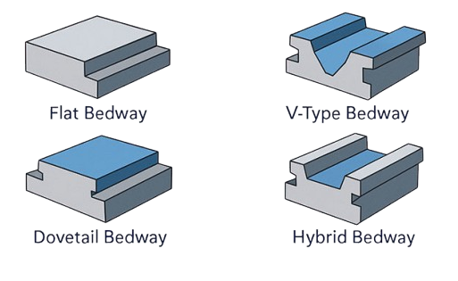 راهنماها در بستر دستگاه تراش میتوانند به شکل V یا مسطح یا اشکال دیگری باشند.